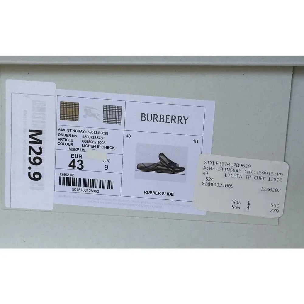 Burberry Mens Stingray Rubber Lichen IP Check Sandals 10 (43) 8088962 NIB $550